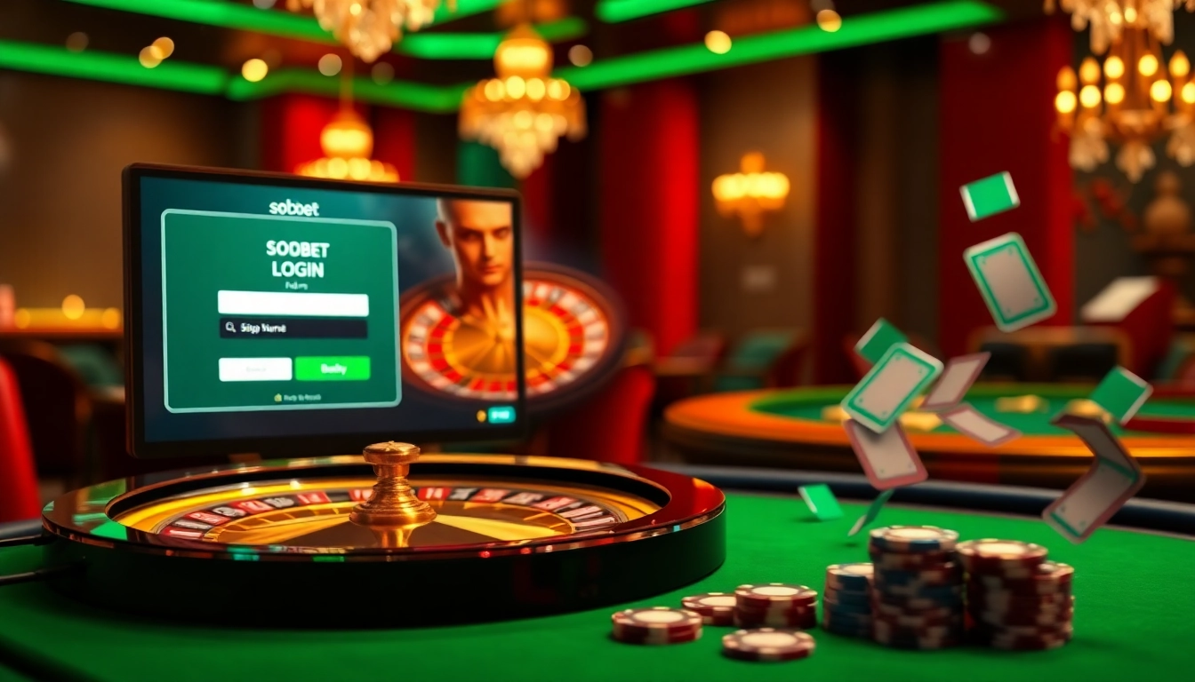 Sbobet login terbaru showcased on a sleek online betting interface with vibrant casino elements.