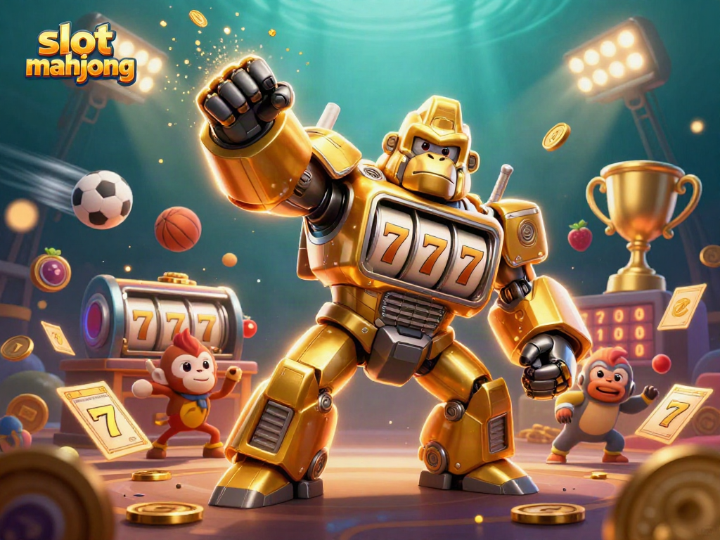 Engage in slot mahjong with a lively illustration of golden mech gorilla amidst dynamic sports elements.