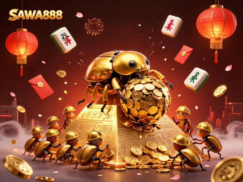 SAWA888's dynamic scene showcases a golden dung beetle rolling coins, symbolizing winning strategies in gaming.