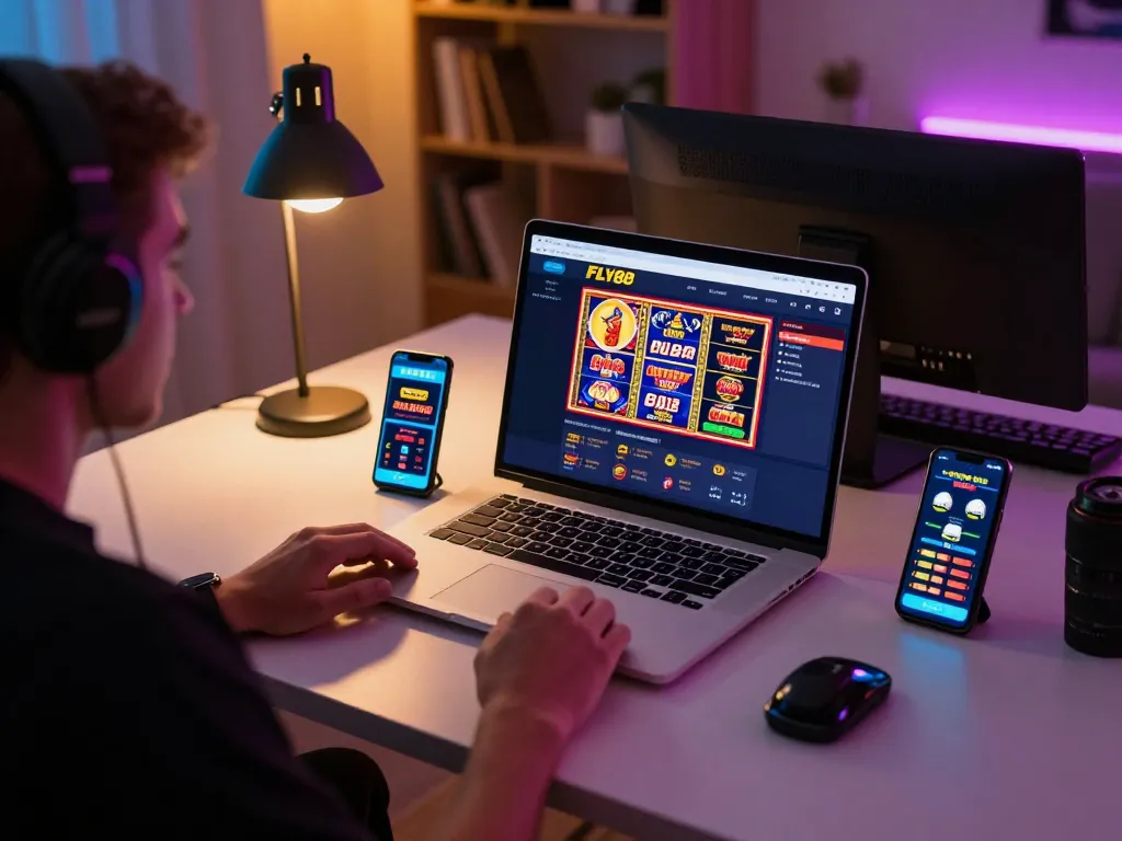 Engaged gamer exploring the FLY88 online casino platform on a laptop, showcasing interactive gameplay elements