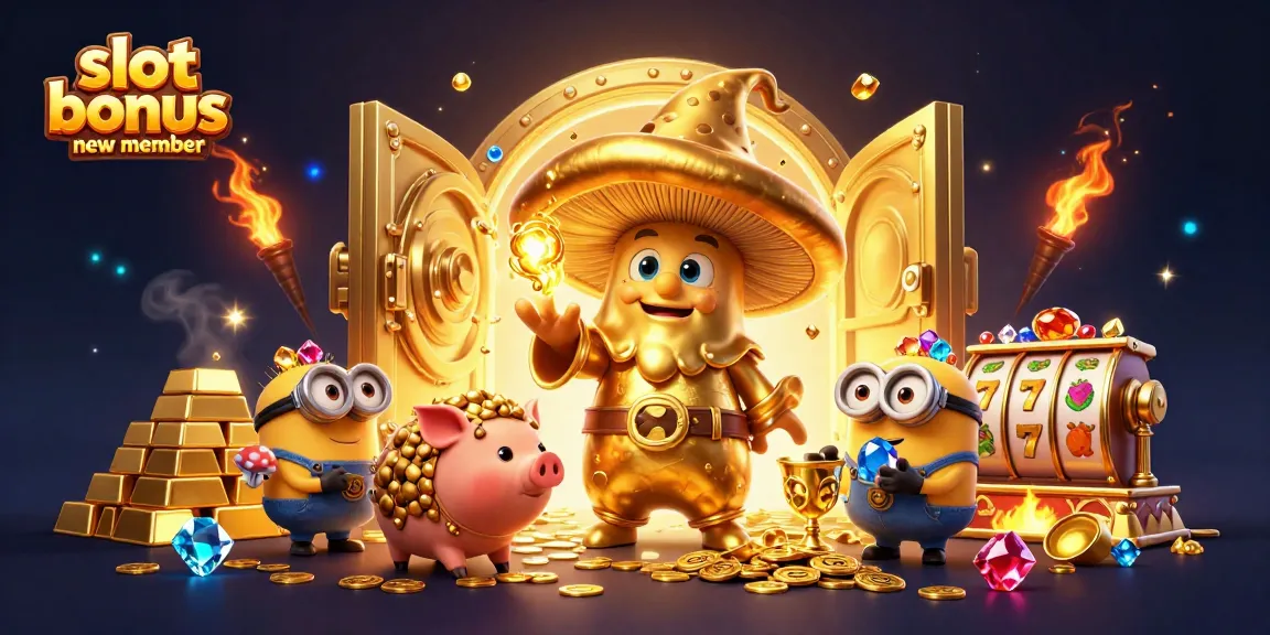 Spin to win with engaging slot bonus new member illustration showcasing treasures and magical elements.