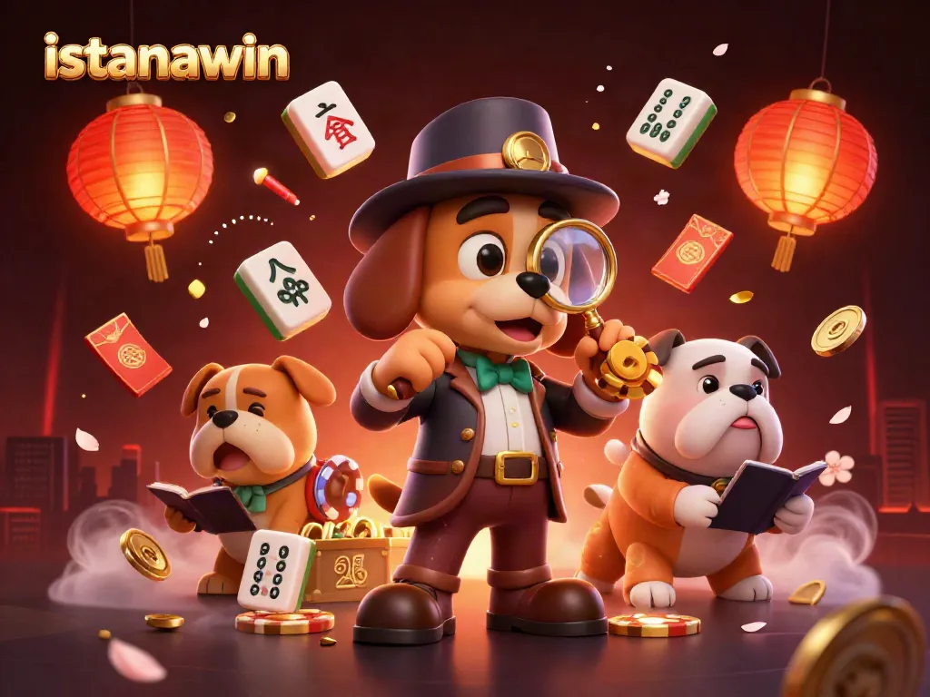 Menggali chip poker emas di ISTANAWIN oleh detektif anjing kartun, dikelilingi elemen kasino