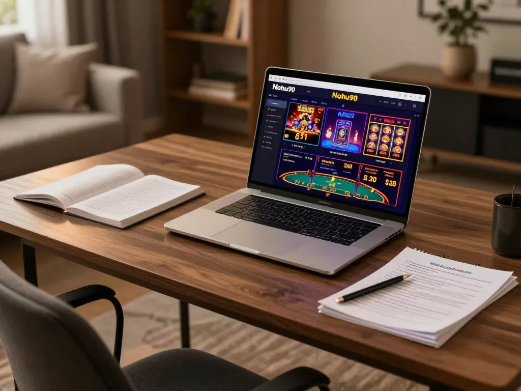 Nohu90 online gaming setup showcasing a laptop with vibrant casino games and personalized strategy notes.