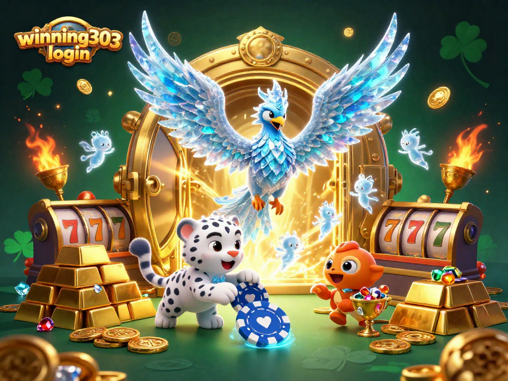 Experience the excitement of winning303 login with a dynamic 3D casino illustration featuring glowing characters and rich game elements.