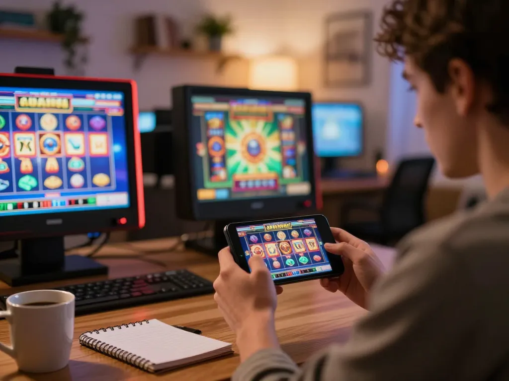 Engaging online gaming session with slot gacor siang ini on multiple screens, showing winning actions in a cozy setting.
