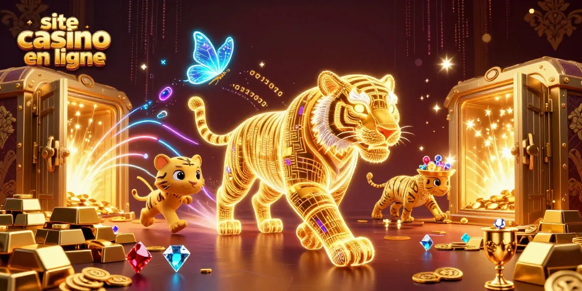 Visualisez le site casino en ligne avec un tigre doré et des jeux de casino en arrière-plan.