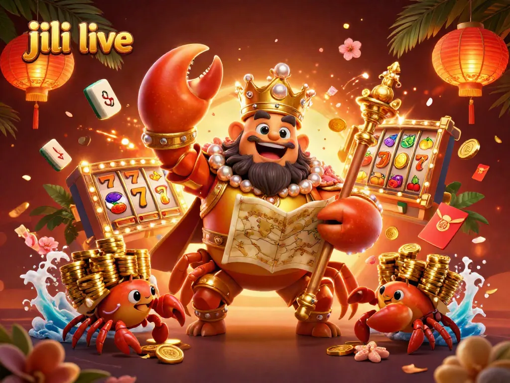 Experience jili live with an extravagant 3D illustration of a golden crab emperor in a vibrant casino scene.