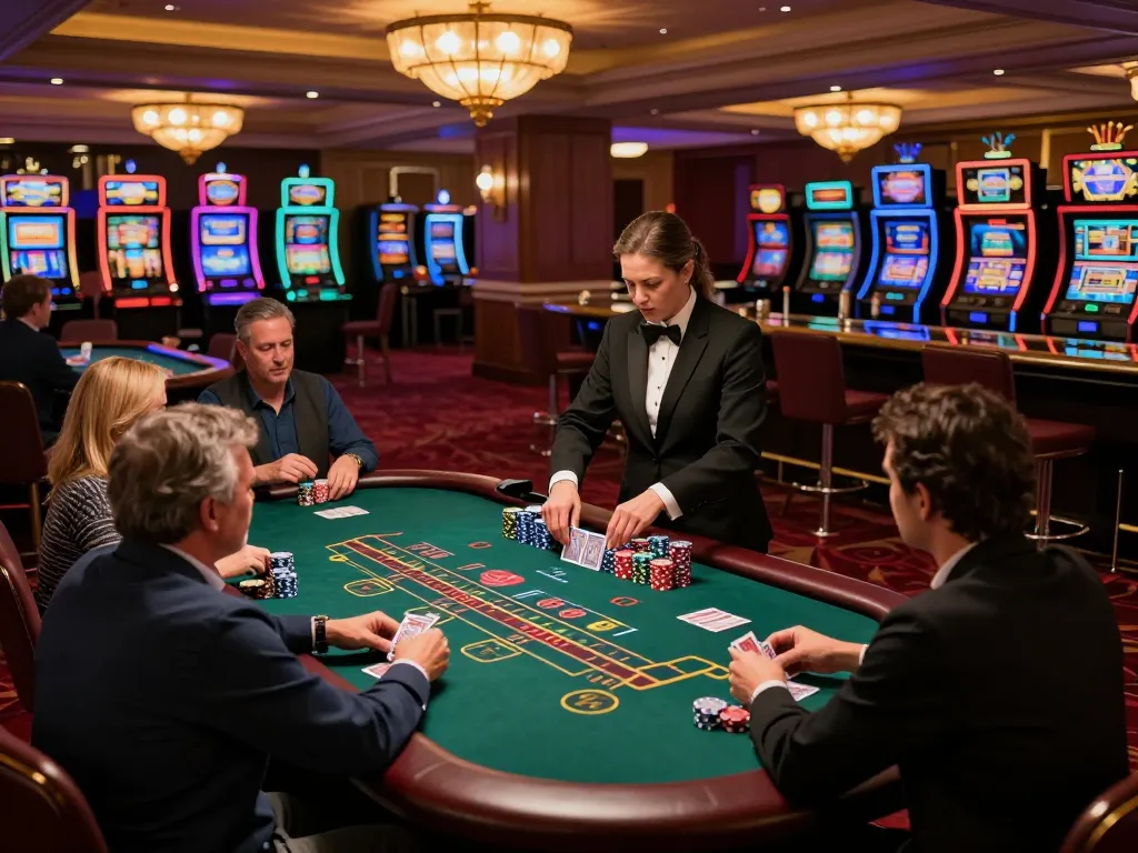 The hidden wiki showcases players engrossed at an elegant blackjack table in a luxurious casino environment.