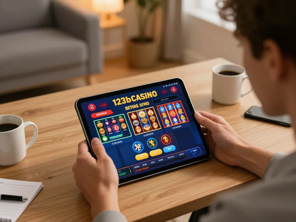 Player enjoying interactive gameplay on 123b tablet app in a cozy home setting, showcasing responsible gambling.