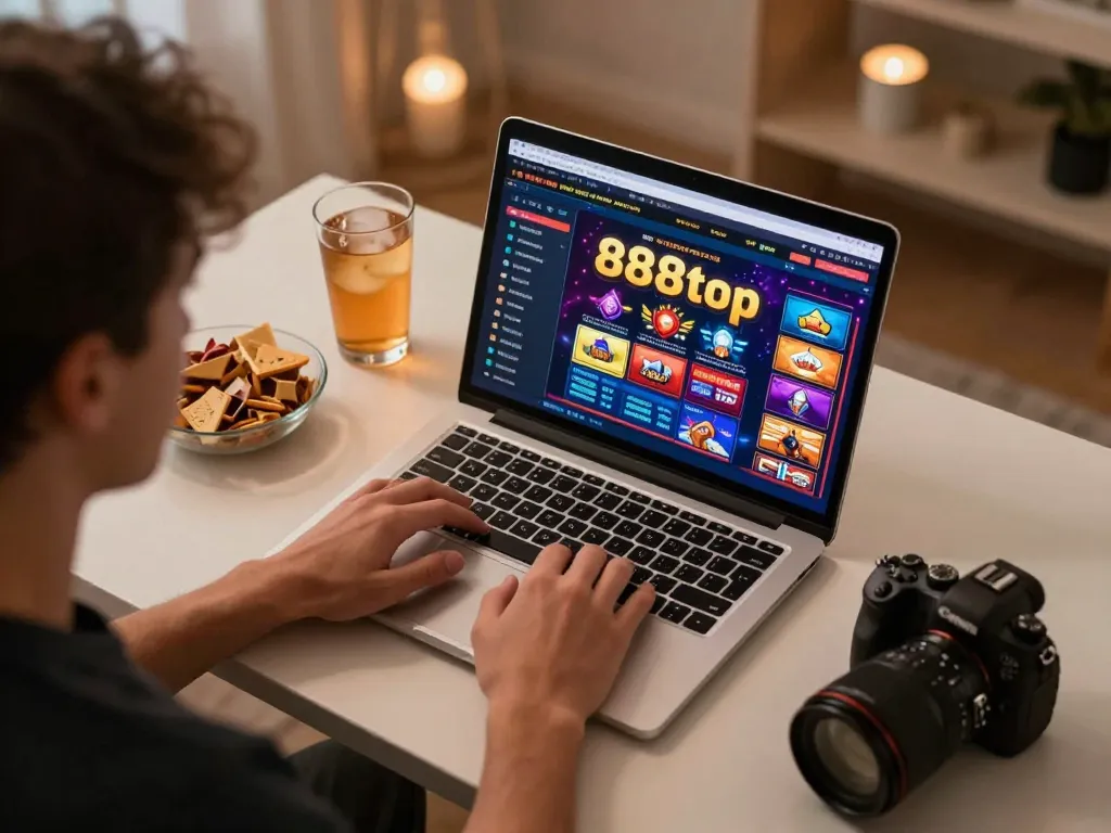 Person engaging with the 888top online casino platform on a laptop in a cozy home environment.
