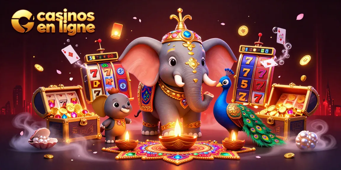 Participez à des casinos en ligne palpitants avec une illustration 3D dynamique d'éléments de jeu et de personnages animés.