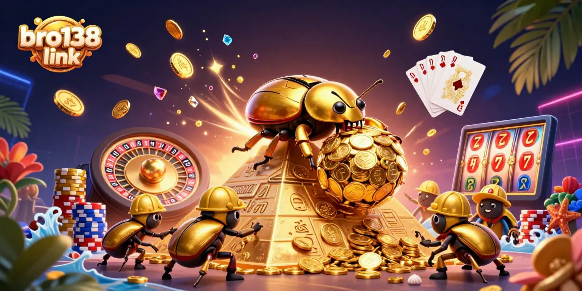Spin the reels with bro138 link as a cartoon beetle rolls golden coins in an energetic casino scene.