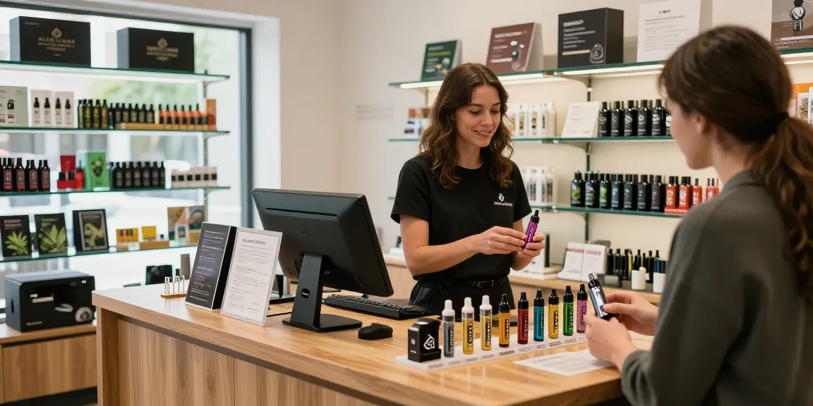 Showcasing Alien Labs carts in a modern cannabis store with customers.