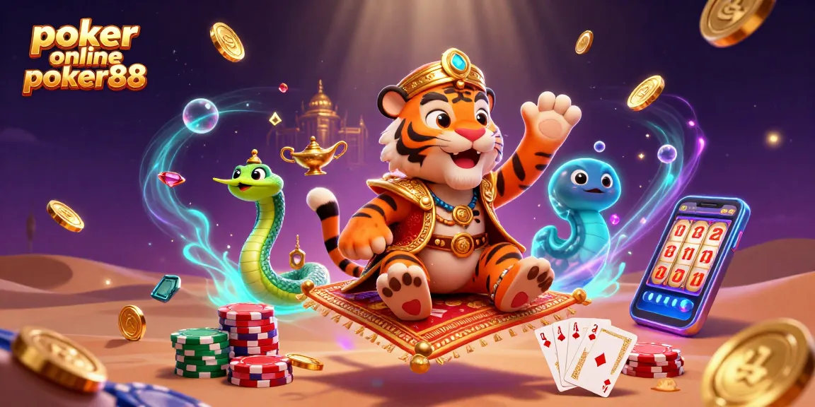 Experience thrilling poker online poker88 action with a vibrant 3D casino scene featuring a tiger sultan, magic lamp, and poker gaming elements.