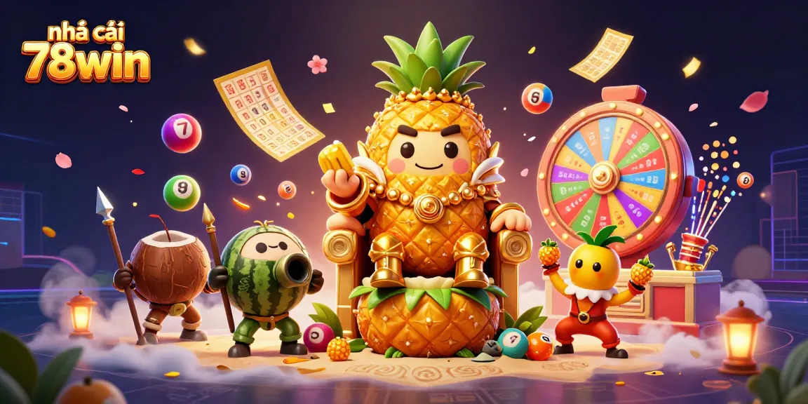 Experience the excitement of nhà cái 78win with a vibrant casino scene featuring a golden pineapple king.