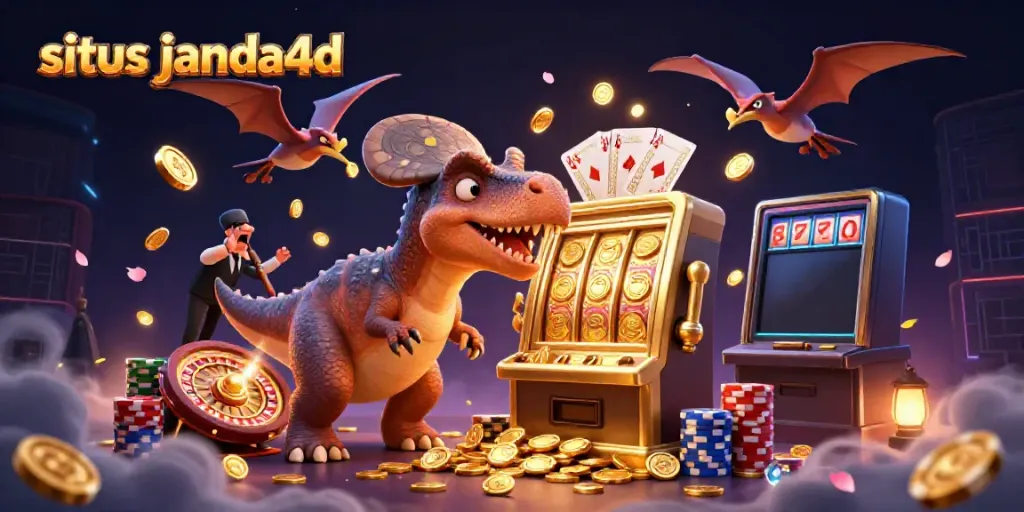 Melihat situs janda4d memasuki jackpot slot dengan karakter dino, manajer kasino, dan koin berkilau.