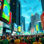 Experience the excitement of the best sportsbooks in Brazil with vibrant street scenes showcasing sports fans.