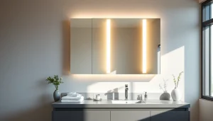 sonni Spiegelschrank in modernem Badezimmer mit LED-Beleuchtung und eleganter Atmosphäre.