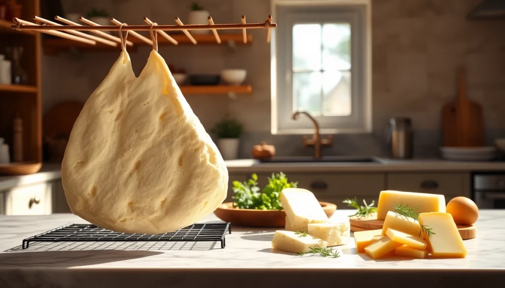 Kaasdoek in een stijlvolle keuken met artisanale kaas en verse kruiden.