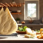 Kaasdoek in een stijlvolle keuken met artisanale kaas en verse kruiden.