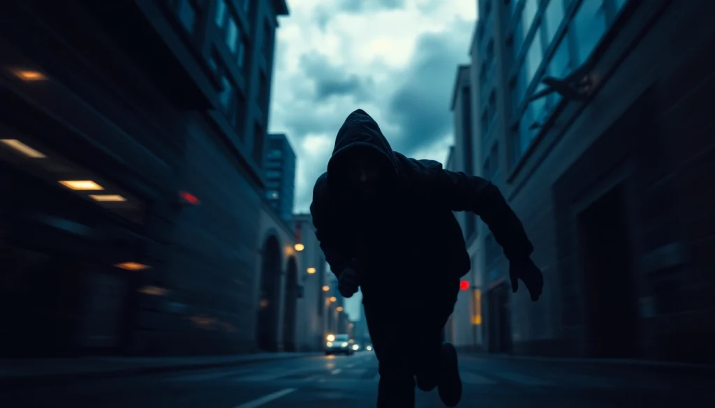 Engaging visual depicting a fast-paced thriller scene with a shadowy figure in a dimly lit alley.