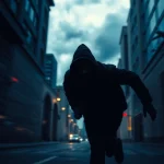 Engaging visual depicting a fast-paced thriller scene with a shadowy figure in a dimly lit alley.