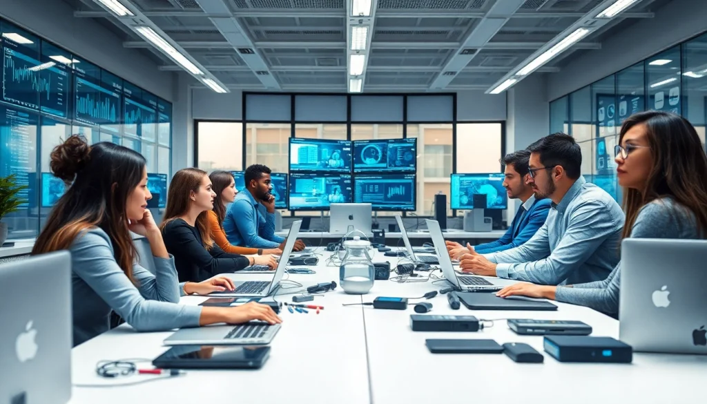 Showcasing collaboration in technology workspace with diverse team working on innovative projects.