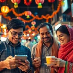 Excited individuals participating in sports betting in India through mobile apps in a vibrant street setting.
