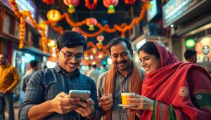 Excited individuals participating in sports betting in India through mobile apps in a vibrant street setting.