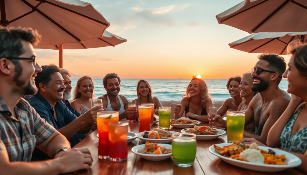 Living in Cabo as an expat, a joyful gathering of diverse individuals enjoying local cuisine at a beachside café.