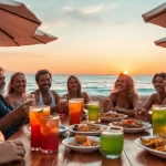 Living in Cabo as an expat, a joyful gathering of diverse individuals enjoying local cuisine at a beachside café.