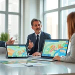 Engaging real estate agent showcasing property listings in a modern office setting.