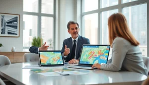 Engaging real estate agent showcasing property listings in a modern office setting.