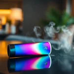 Elfbar Vaping-Gerät mit lebendigen Farben, das stilvoll auf einem Tisch präsentiert wird.