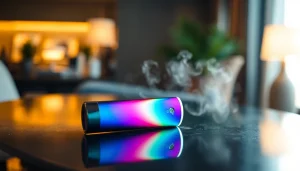 Elfbar Vaping-Gerät mit lebendigen Farben, das stilvoll auf einem Tisch präsentiert wird.
