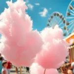 Geniet van heerlijke wafel katoen op een levendig fair met kleurrijke lekkernijen.