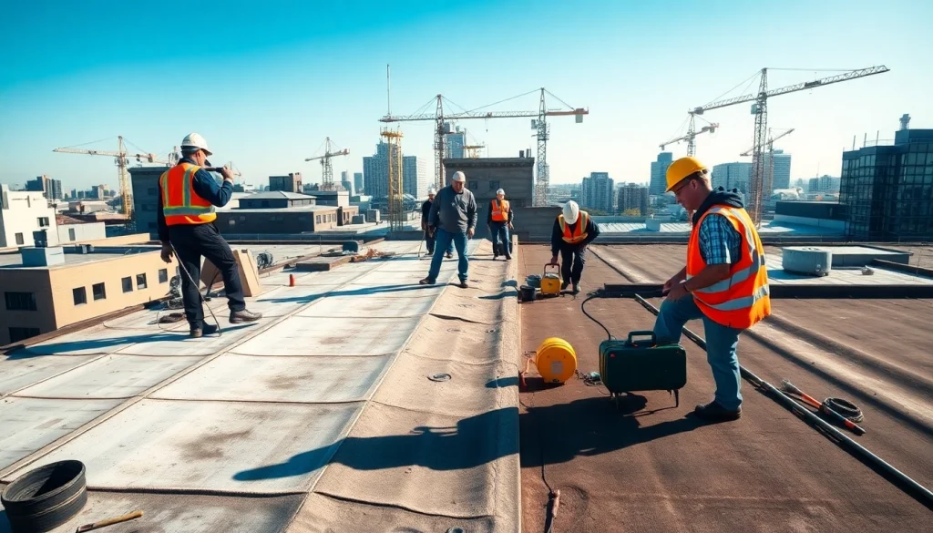Performing commercial roofing services on a busy rooftop, showcasing labor and attention to detail.