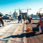 Performing commercial roofing services on a busy rooftop, showcasing labor and attention to detail.