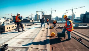 Performing commercial roofing services on a busy rooftop, showcasing labor and attention to detail.