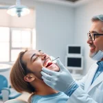 Engaging dentist examining a patient's teeth in a modern dental office setting.