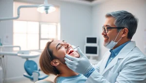 Engaging dentist examining a patient's teeth in a modern dental office setting.