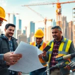 New York City General Contractor team collaborating on a construction project with urban skyline.
