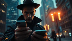 Determinative detective in a fast-paced thriller atmosphere scanning urban clues.