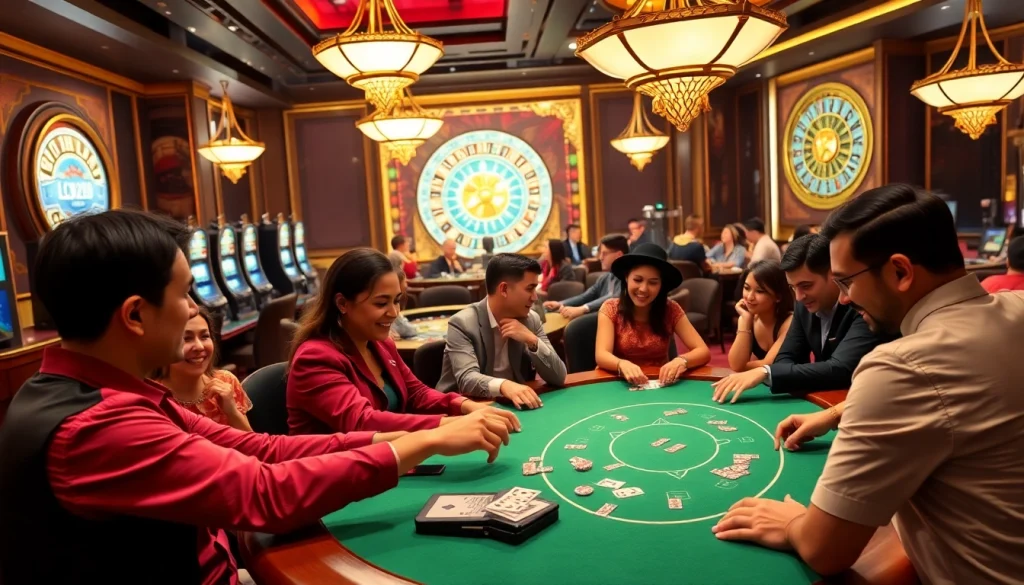 Lc88 players enjoying an intense poker game at an upscale casino table with vibrant decorations.
