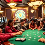 Lc88 players enjoying an intense poker game at an upscale casino table with vibrant decorations.