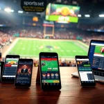 Engaging scene showcasing sportsbooks in Texas on various devices against a vibrant stadium background.