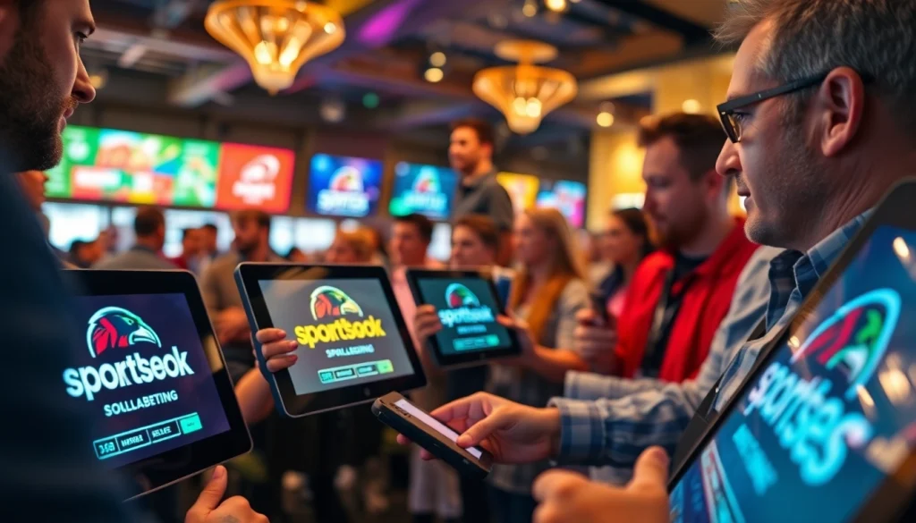 Engaged bettors interact with sportsbooks in Georgia logos on devices, showcasing online betting.