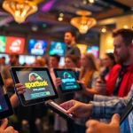 Engaged bettors interact with sportsbooks in Georgia logos on devices, showcasing online betting.