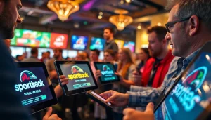 Engaged bettors interact with sportsbooks in Georgia logos on devices, showcasing online betting.