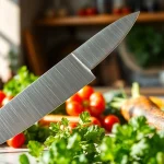 Learn how to choose a chef’s knife by exploring this professional knife displayed on a vibrant kitchen counter.